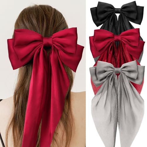 LASPERAL Hair Bow Clips 3PCS Large Ribbon Bow Hair Clips Ribbon Hair Clips Bowknot With Long Tail Tassel Bowknot Hair Clips Hair Barrettes with Bow Accessories Cute Aesthetic Hair Accessories