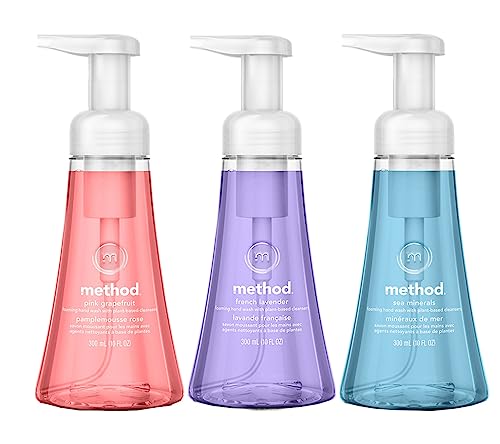 Method Foam Hand Soap Variety, 1 Lemon Mint, 1 Pink Grapefruit, 1 Orange Ginger, 10 oz each, 3 Count (Variety Pack)