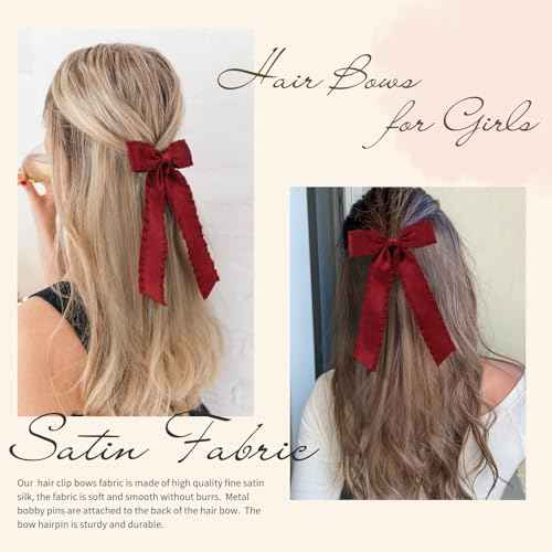 VOBOBE 2PCS Hair Bows for Women Girls, Red Tassel Hair Ribbon Bowknot Hair Clips Barrettes Hair Accessories for Girl with Long Tail (Red)