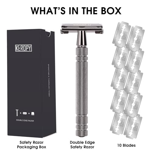 Double Edge Safety Razor with 10 Disposable Blades, Butterfly Open Head Features - Washable Reusable Metal Razor, Ergonomic Design Portable Shaving Kit for Beard Shape Up - Gloss Black