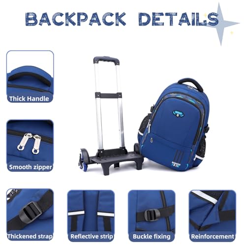 Boys Rolling Backpack Elementary Middle School Students Bookbag with Wheel Teens Trolley Removable Schoolbag