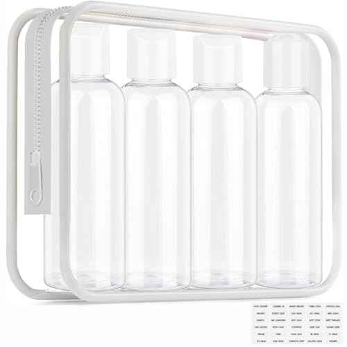 Clear Toiletry Travel Bottles, 3.4oz/100ml TSA Approved Empty Containers with Toiletry Bag - Cosmetic Kit with Labels for Shampoo, Conditioner, Lotion, and Airplane Accessories(4Pack, White)