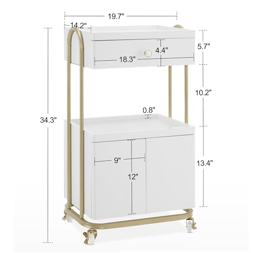 BarberPub Salon Rolling Cart with Drawer - White