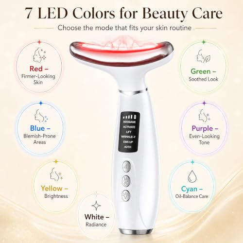 GIHWRRI White 7-Color LED Face and Neck Light Therapy Massager with EMS & Heat