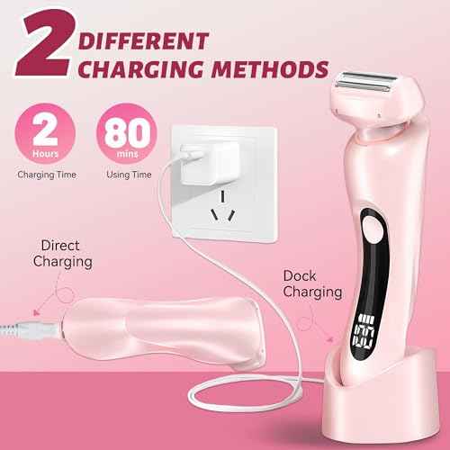 NaTuGi 2 in 1 Electric Shaver for Women Wet Dry Dual Use IPX7 Waterproof with LED Display USB Recharge Dock Dry Use Body Hair Trimmer and Facial Hair Remover for Bikini Underarm Leg Arm Face (Pink)
