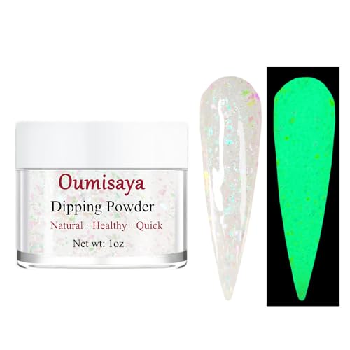 OUMISAYA Glow in the dark Holographic Nail Clear Dip Powder Colors 1OZ Pefect Top Coat Powder with opal foils for black nails art