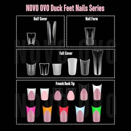 NOVO OVO Duck Nail Tips Extra Short Full Cover Press on, Pre-etched for Acrylic Design, Clear Pre-applied Tip Primer Soft Gel Y2K Flare Fake False Nail Extension Full Coverage x 12 Sizes 120 pcs