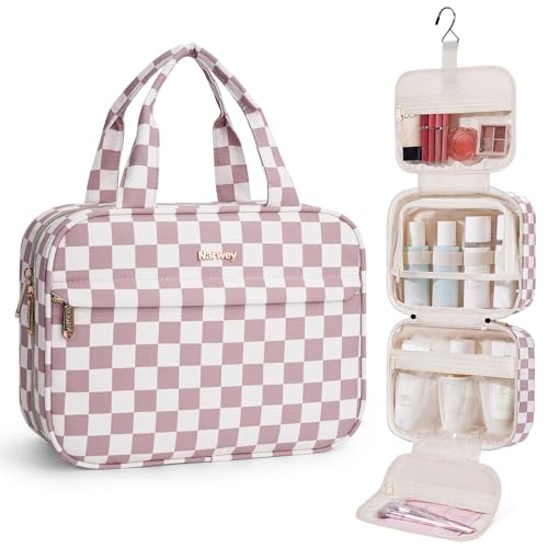 Narwey Dusty Pink Checkerboard Medium Hanging Travel Toiletry Bag for Women