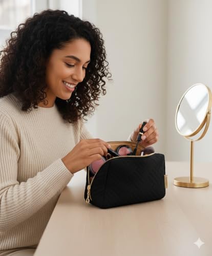 BAGSMART Large Black Travel Makeup Bag with Wide-Open Zipper & Quilted Water-Resistant Exterior