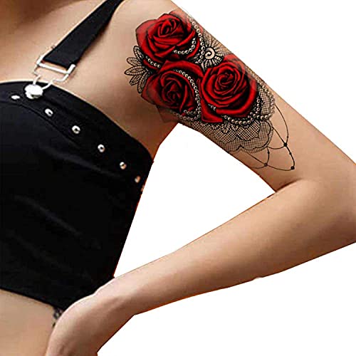 Red Rose Black Lace Temporary Tattoo - 4 Pack Waterproof