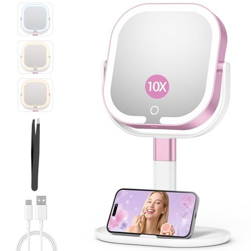 Unbednigt 1X/10X Magnifying Makeup Mirror with Lights - Cordless, Adjustable Height & 3 Color Temperatures