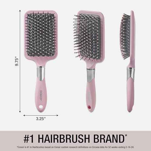 Conair Velvet Touch Paddle Cushion hair brush - Detangling hairbrush - curly or straight styles - men or women - detangler - features soft touch handle - Blush Pink