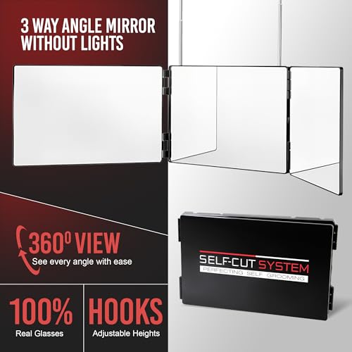 Self-Cut System 3 Way Barber Mirror with Height Adjustable Hooks, 360 Trifold Self Cut Mirror for Haircuts for Men and Women, Travel-Friendly, Three-Way Design for Easy Grooming & Styling