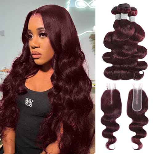 ALHER #99j Dark Burgundy Body Wave Bundles with 2x6 Kim K Lace Closure 18 20 22+18 Inch, Purplish Wine Red Color 3 Bundles with 2x6 Long Deep Part Closure With Baby Hair 100% Real Human Hair