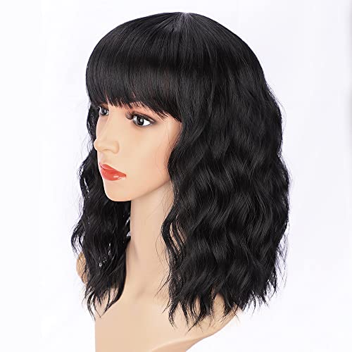 AISI HAIR Bob Curly Wig 14 inch Black Synthetic with Bangs