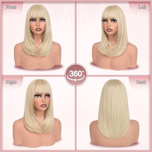 Blonde Bob Wig with Bangs 16" Shoulder Length Synthetic
