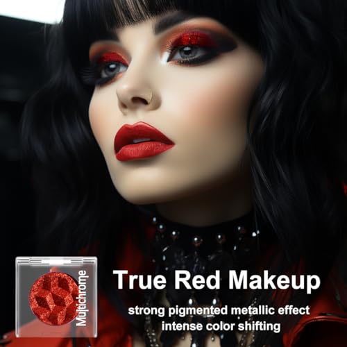 DE'LANCI DE¡¯LANCI Chameleon Red Glitter Eyeshadow Highly Pigmented, Single Metallic Glitter Red Eye Shadow Palette Intense Color Shifting, Chrome True Red Shimmery Glitter Eyes Warm Goth Smoky Makeup