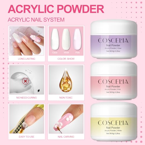 COSCELIA Acrylic Nail Kit for Beginners with Drill & Light — Includes 3 Powders, UV Lamp, Rhinestones