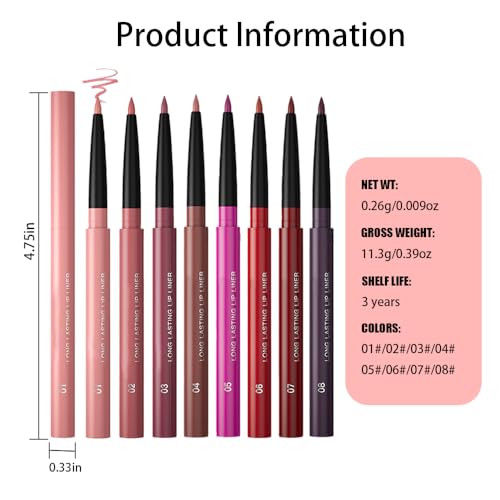 8-Piece Gel Lip Liner Set - Matte, Waterproof, 24HR Wear