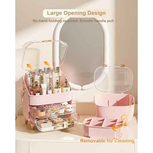 Makeup Organizer with Lipstick Holder, Skincare Organizers Storage Box Cosmetic Display Cases, Teen Girl Gifts Make up Organizers for Vanity, Dresser, Countertop, Bathroom(Pink)