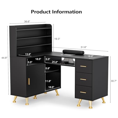 OmySalon L-Shaped Nail Technician Desk with Dust Collector & Storage, 52" Corner Manicure Table