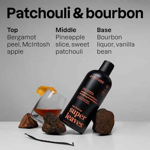 ATTITUDE Men's Shampoo and Conditioner 2-in-1, Nourishing For Dry Hair and Scalp, With Panthenol and Ginseng, 97% Natural Origin Ingredients, EWG Verified, Patchouli & Bourbon, 14 Fl Oz (Pack of 3)