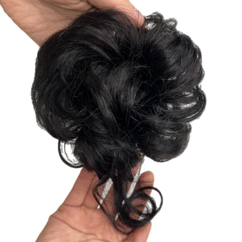 AYunhe 100% Human Messy Hair Bun with Fringe Tail Tousled Updo Scrunchies Hair Pieces Ponytail Hair Extension Curly Wavy Chignon Hairpieces for Women Girls (1B)