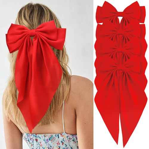 Velscrun Red Hair Bows for Women Girls, Silky Satin Large Coquette Hair Bow, Oversized Hair Ribbons 4Pcs Big Bows Clip Long Tail Bowknot Hair Barrettes Halloween Christmas Bow Hair Accessories