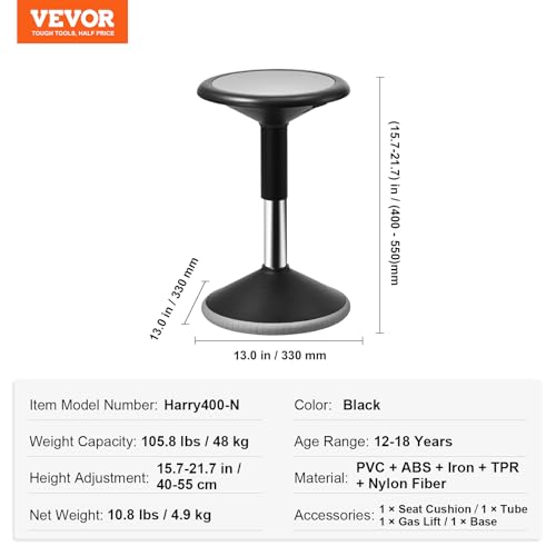 VEVOR Adjustable Wobble Chair for Kids, Height 15.7-21.7 in, Black, Flexible Seating Stool for School & Office, Age 12-18