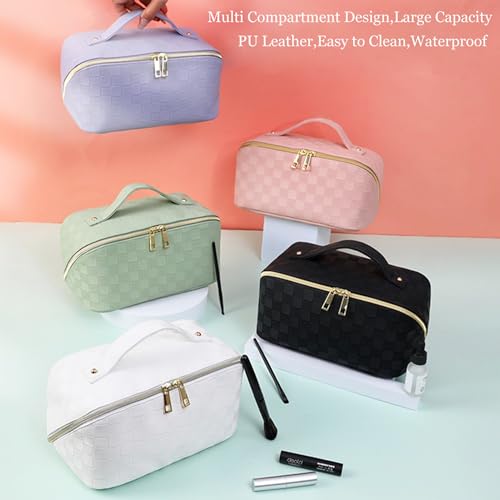 Cosmetic Bag,Travel Makeup Bag, Large Capacity Cosmetic Bags for Women, Waterproof Portable Open Flat Toiletry Bags,Makeup Organizer Bag with Divider and Handle, Cosmetic Pouch Gifts for Women (White)