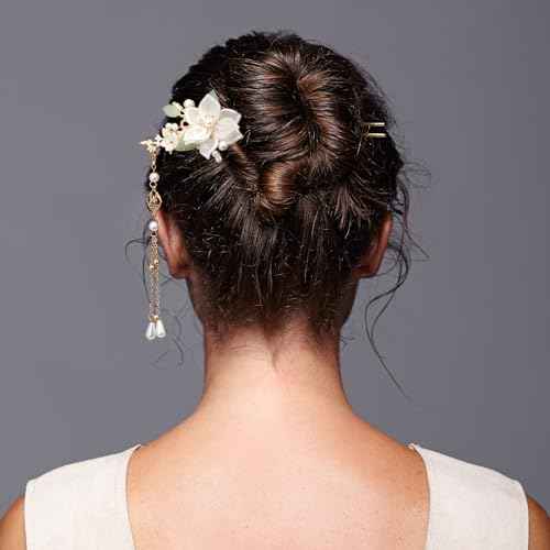 5PCS Camellia Flower Tassels Hairpin, Crystal Rhinestone Pearl Hair Clips Headpiece Retro Chinese Hanfu Wedding Brides Hair Accessories Korean Jewelry for Women Girls Updo Long Hair