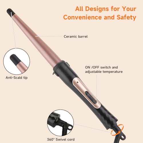 Tapered Curling Wand 1/2-Inch to 1-Inch Tourmaline Ceramic Barrel Professional Wand Curling Iron for Short Medium Long Hair Two Temperature Settings Dual Voltage Auto Shut-Off