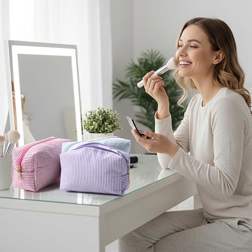 Sanwuta 12 Pcs Seersucker Cosmetic Bags, Striped Makeup Pouches Bulk