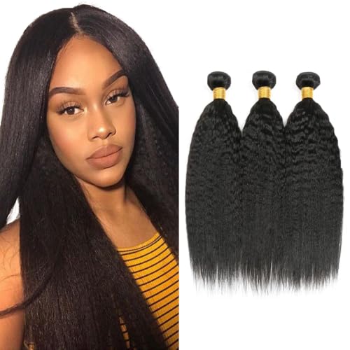 #1B Kinky Straight Human Hair Bundles - 32 Inch, 3 Pack