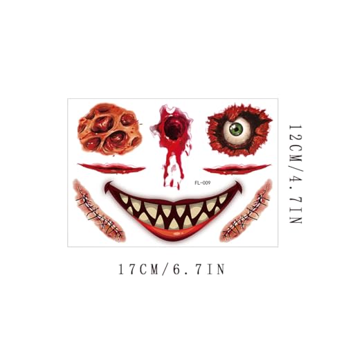 8PCS Fake Scars Tattoo Temporary Halloween Makeup Kit for Adult Women Men Zombie Sticker Scary Prank Fake Stitches Horror Evil Smile for Women Cosplay Party