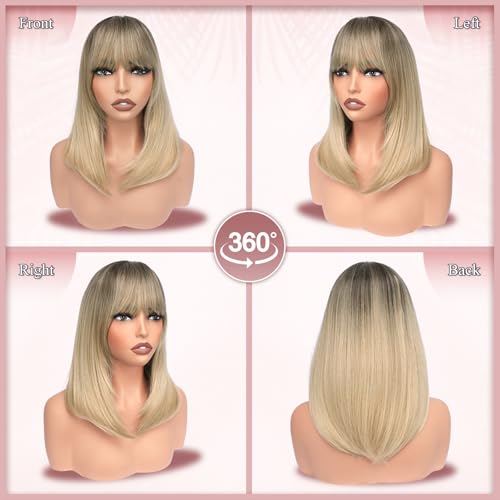 Blonde Bob Wig with Bangs 16" Shoulder Length Synthetic Hair