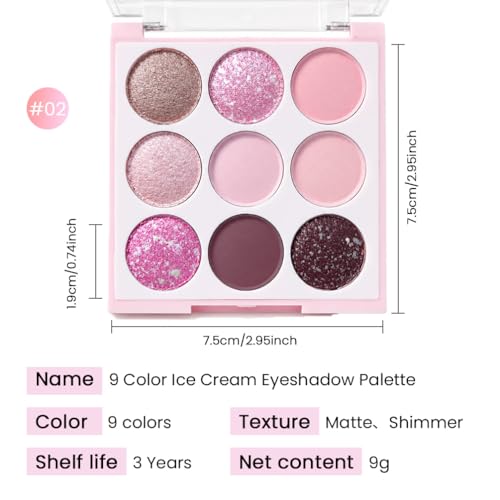 Pink Eyeshadow Palette 9 Colors Matte Shimmer Glitter