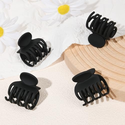 Small Claw Clips for Thin Hair, 4 Pack - Double Row Teeth, Matte Black