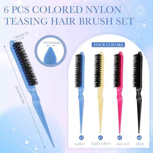 Yaomiao 6 Pcs Teasing Brush for Fine Hair Nylon Rat Tail Brush Set Women Three Row Salon Teasing Set for Back Combing, Root Hair Scalp Massage(Black, Blue, Rose Red, Yellow)