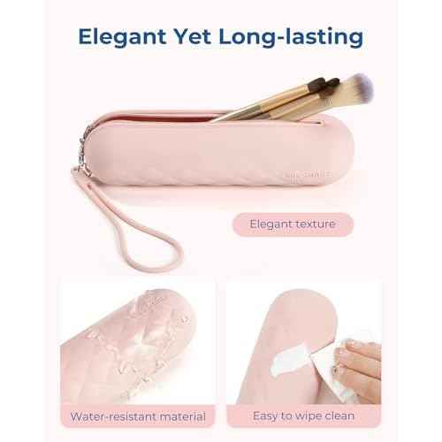 BAGSMART Makeup Brush Holder Bag, Travel Small Makeup Bag for Purse, Make Up Brush Bag Case Cosmetic Bag, Silicone Soft Portable Face Brushes Travel Essentials Organizer Holder, Pink