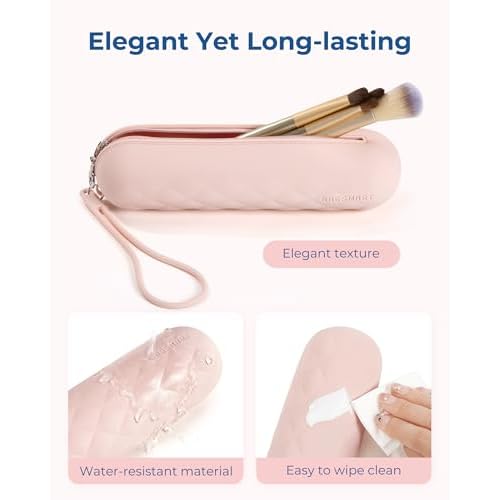 BAGSMART Makeup Brush Holder Bag, Travel Small Makeup Bag for Purse, Make Up Brush Bag Case Cosmetic Bag, Silicone Soft Portable Face Brushes Travel Essentials Organizer Holder, Pink