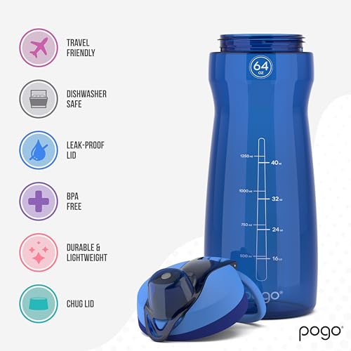 Pogo 64oz Plastic Water Bottle with Leak-Proof Chug Lid and Carry Handle, Reusable, BPA Free, Capacity Markings, Dishwasher Safe, Perfect for Travel, School, Outdoors, and Gym, Blue