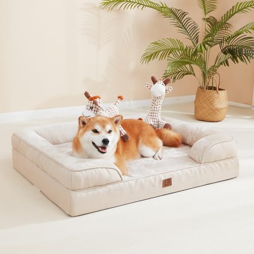 EHEYCIGA Orthopedic Dog Beds for Extra Large Dogs, Waterproof Memory Foam XL Dog Bed with Sides, Non-Slip Bottom and Egg-Crate Foam Big Dog Couch Bed with Washable Removable Cover, Beige