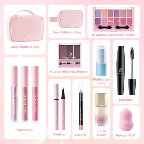 Color Nymph Makeup Sets for Women Teen Girls with 2-in-1 Travel Handbag, All In One Makeup Kits Full Kit Includes Eyeshadow Lipgloss Eyebrow Powder Highlighter Blush Mascara Eyeliner Lipliner & Puff