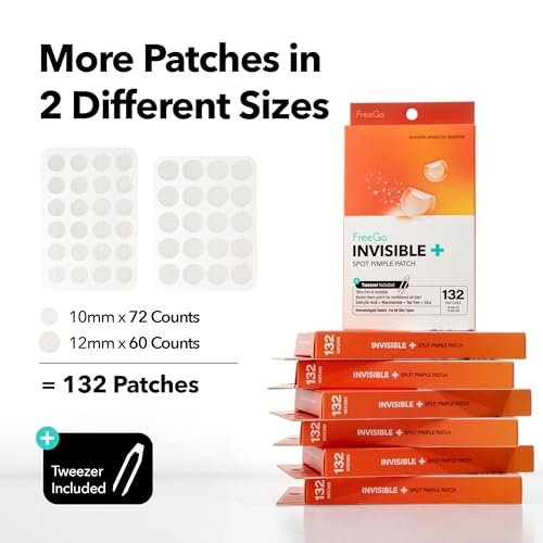 FreeGo Invisible+ Hydrocolloid Spot Pimple Patches for Face, Large Patches for Breakouts, Zit, Blemish Spot, Facial Stickers, Korean Pimple Patches (132 Counts)