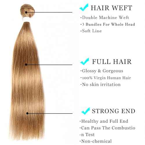 ijoy 27# Blonde Long Straight Bundle Human Hair Bundle Honey Blonde Color Brazilian Virgin Hair Weave 1 Bundle 18 Inch Double Weft