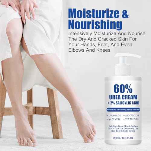Urea Cream 60% plus 2% Salicylic Acid for Feet Maximum Strength - Lotion For Dry Cracked Feet Elbows Knees Heels Hands, Hydrates Foot Care for Softening and Moisturizing, Callus Remover 10.1oz