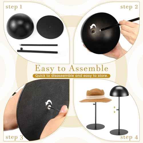 Sintuff 2 Pcs Hat Display Stand 7.9-15.7 Inch Adjustable Hat Holder Sturdy Wigs Head Stand Anti-rust Non-slip Stable Stainless Steel Metal Hat Rack for Multiple Hats Storage Wig(Black,Round Base)