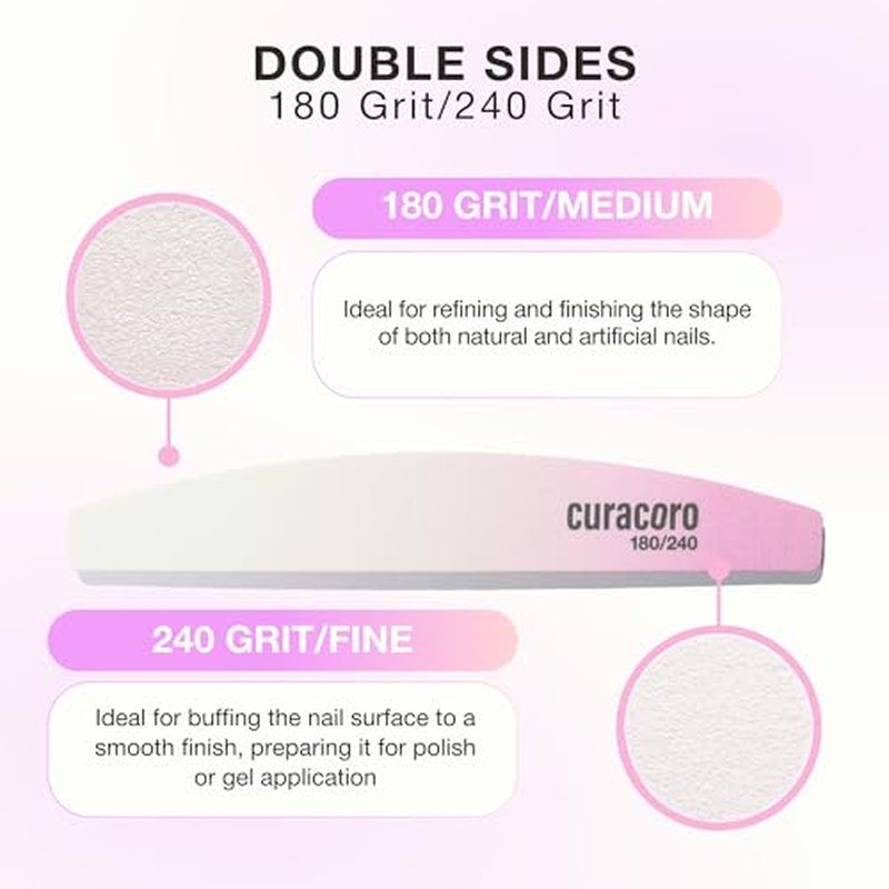 Curacoro 10Pcs Half-Moon Nail File Dual-Sided 180/240 Grit