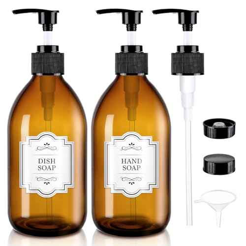 Amber Glass Soap Dispenser with Pump 16 oz, Homepicker Hand and Dish Soap Dispenser Set for Body Oil, Brown Glass Bottles with 1 Extra Pump Tops, Black Caps, Labels (2 Pack)